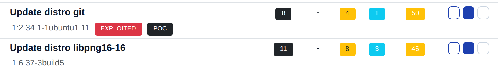 The finding in the product: git flagged EXPLOITED with a public PoC on the current latest image.
