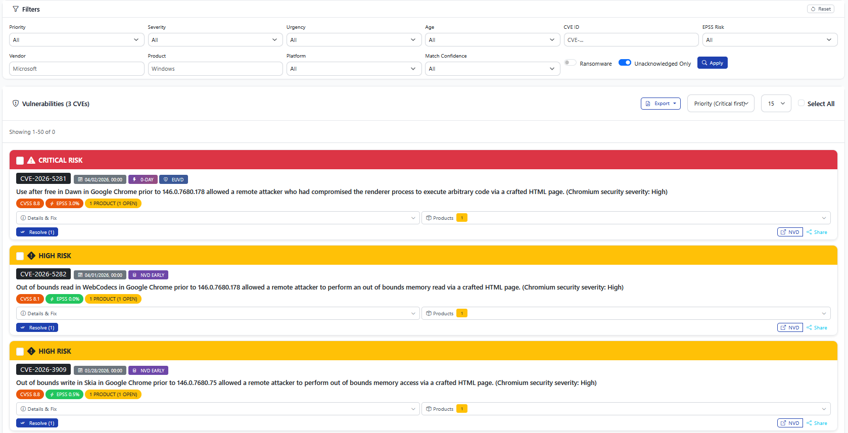 SentriKat vulnerability dashboard showing CVEs prioritized by severity with version-verified matching and vendor patch status